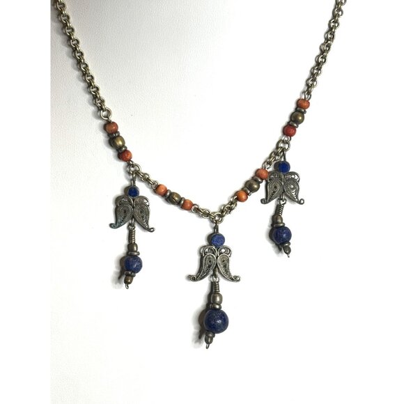 Vintage Angel Pendant Necklace With Lapis Beads & Brass Chain - Picture 12 of 16